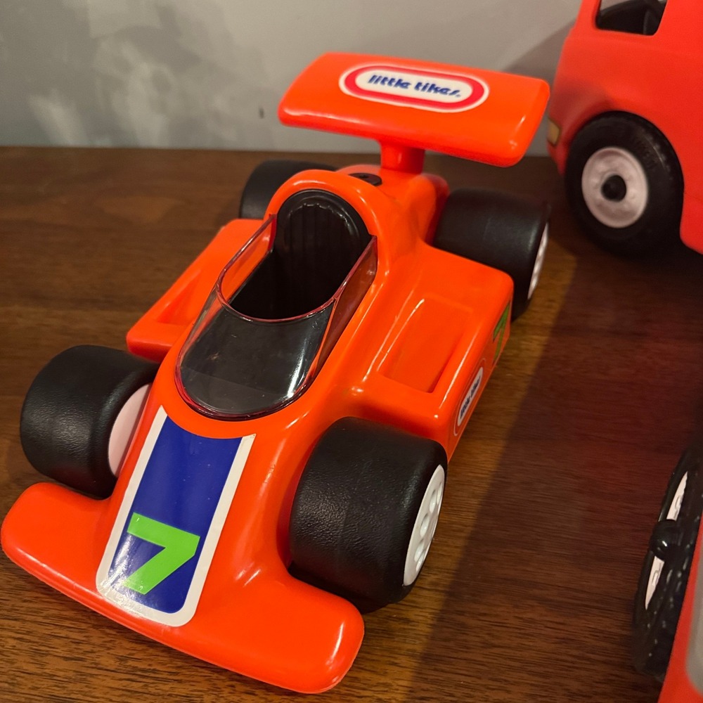 Little Tikes Racing Team Hauler Transport Truck and Race Car Set Orange Vintage - Picture 9 of 13